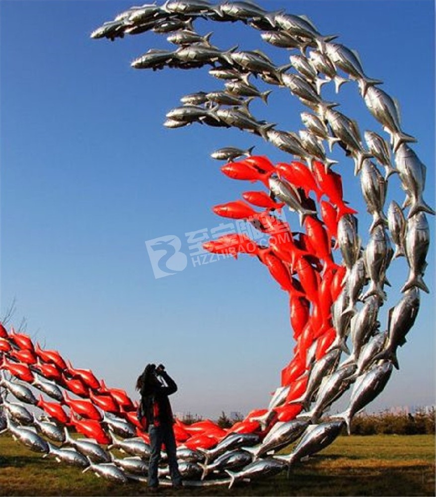 戶外地標(biāo)性建筑鏡面魚群不銹鋼雕塑定制